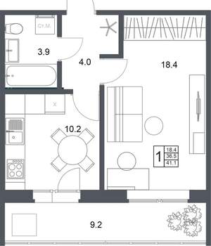 1-к квартира, вторичка, 41м2, 18/20 этаж