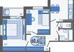 2-к квартира, вторичка, 61м2, 6/16 этаж