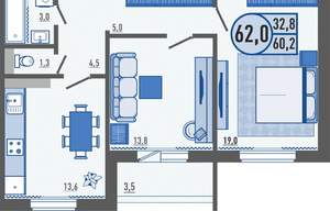 2-к квартира, вторичка, 62м2, 8/16 этаж