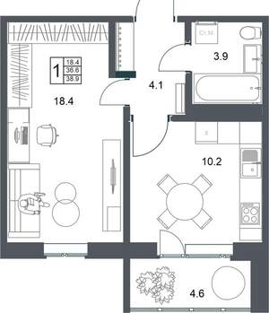 1-к квартира, вторичка, 39м2, 5/20 этаж