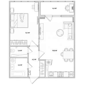 1-к квартира, вторичка, 42м2, 8/19 этаж