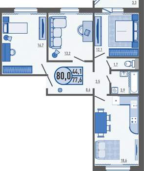 3-к квартира, вторичка, 80м2, 14/16 этаж