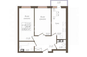 2-к квартира, вторичка, 67м2, 13/19 этаж
