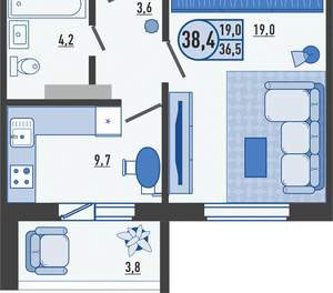 1-к квартира, вторичка, 38м2, 14/16 этаж