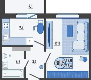 1-к квартира, вторичка, 39м2, 15/16 этаж