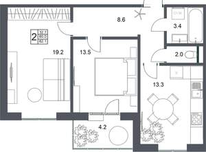 2-к квартира, вторичка, 62м2, 10/20 этаж