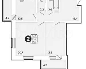 2-к квартира, вторичка, 64м2, 5/17 этаж