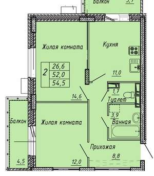 2-к квартира, вторичка, 55м2, 6/13 этаж