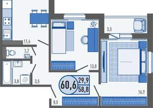 2-к квартира, вторичка, 61м2, 4/16 этаж