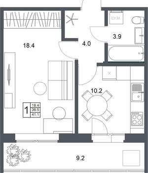 1-к квартира, вторичка, 41м2, 18/20 этаж