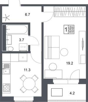 1-к квартира, вторичка, 43м2, 12/20 этаж