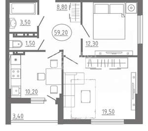 2-к квартира, вторичка, 59м2, 17/19 этаж