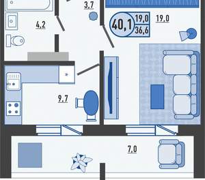 1-к квартира, вторичка, 40м2, 12/16 этаж