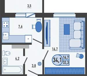 1-к квартира, вторичка, 34м2, 12/16 этаж