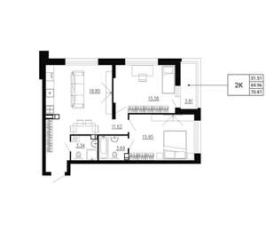 2-к квартира, вторичка, 71м2, 15/24 этаж