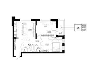 2-к квартира, вторичка, 71м2, 16/24 этаж