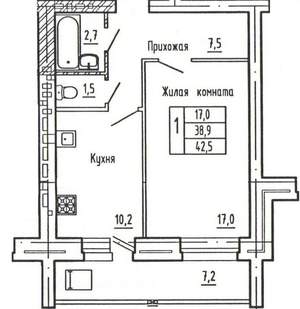 1-к квартира, вторичка, 43м2, 7/9 этаж