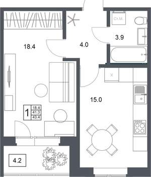 1-к квартира, вторичка, 43м2, 13/20 этаж