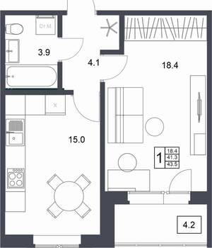 1-к квартира, вторичка, 44м2, 8/20 этаж