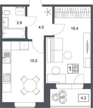 1-к квартира, вторичка, 43м2, 16/20 этаж