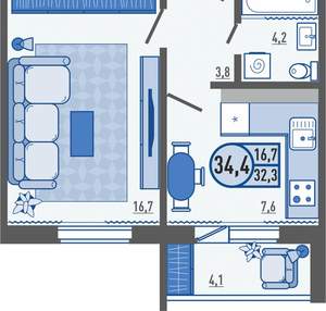 1-к квартира, вторичка, 34м2, 1/16 этаж