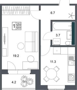 1-к квартира, вторичка, 43м2, 5/20 этаж