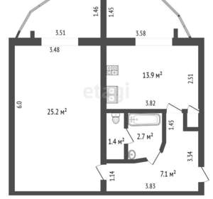 1-к квартира, вторичка, 51м2, 6/9 этаж