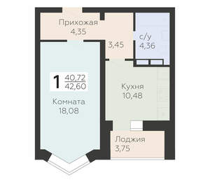 1-к квартира, вторичка, 43м2, 4/17 этаж