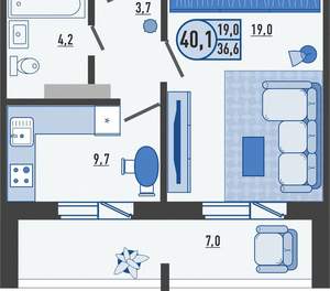 1-к квартира, вторичка, 40м2, 5/16 этаж