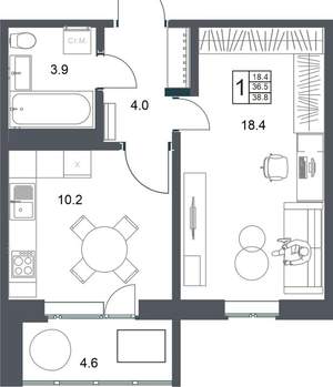 1-к квартира, вторичка, 39м2, 12/20 этаж
