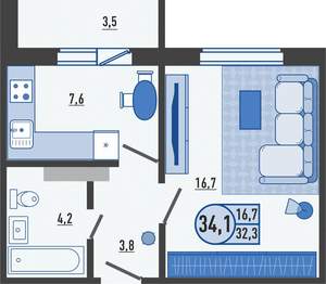 1-к квартира, вторичка, 34м2, 11/16 этаж