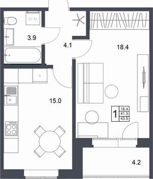 1-к квартира, вторичка, 44м2, 4/20 этаж