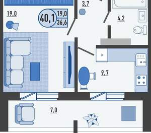 1-к квартира, вторичка, 40м2, 8/16 этаж