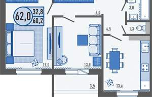 2-к квартира, вторичка, 62м2, 4/16 этаж