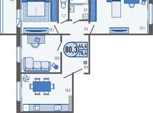 3-к квартира, вторичка, 80м2, 10/16 этаж