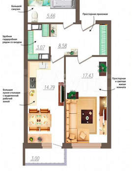 1-к квартира, вторичка, 49м2, 17/19 этаж