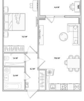 1-к квартира, сданный дом, 42м2, 8/18 этаж