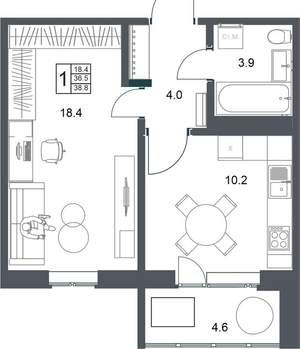 1-к квартира, вторичка, 39м2, 13/20 этаж