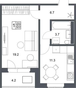 1-к квартира, вторичка, 43м2, 17/20 этаж