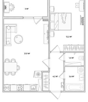 1-к квартира, сданный дом, 43м2, 7/18 этаж