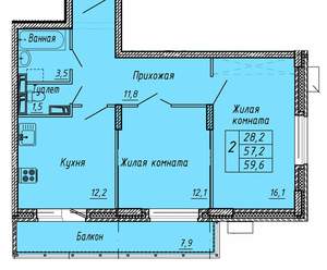 2-к квартира, вторичка, 60м2, 7/13 этаж