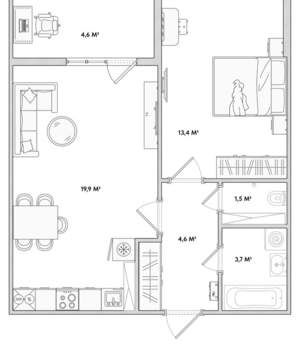 1-к квартира, сданный дом, 43м2, 13/18 этаж