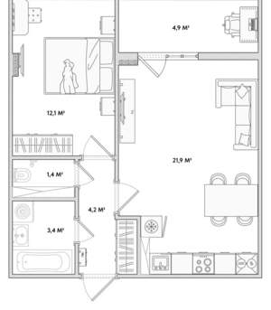1-к квартира, сданный дом, 43м2, 6/18 этаж