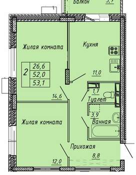 2-к квартира, вторичка, 53м2, 2/13 этаж