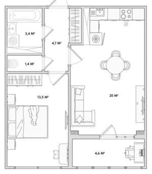 1-к квартира, сданный дом, 43м2, 11/18 этаж