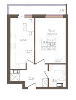 1-к квартира, вторичка, 51м2, 4/19 этаж