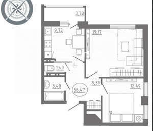 2-к квартира, вторичка, 60м2, 6/19 этаж