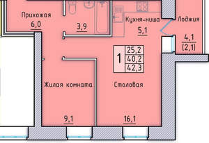 1-к квартира, вторичка, 42м2, 4/9 этаж