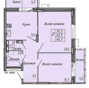 2-к квартира, вторичка, 66м2, 4/13 этаж