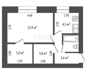 1-к квартира, вторичка, 31м2, 1/2 этаж